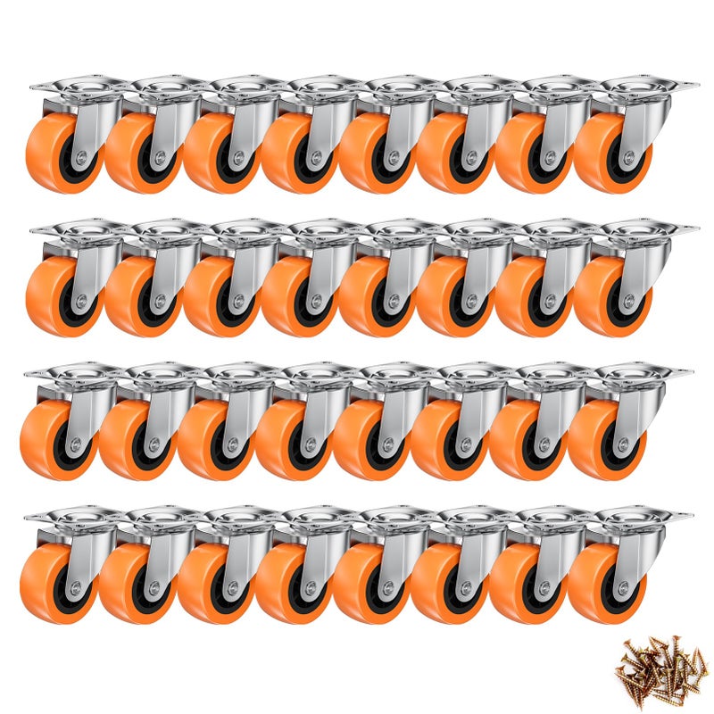 ASHGOOB 1.5 Inch Casters, ASHGOOB Caster Wheels/Casters Set of 32, 360 Swivel Universal Plate Caster Wheels for Storage Box/Small Furniture/Kitchen Appliances, Orange Polyurethane (PU) Castors (32 Pack) - Image 1